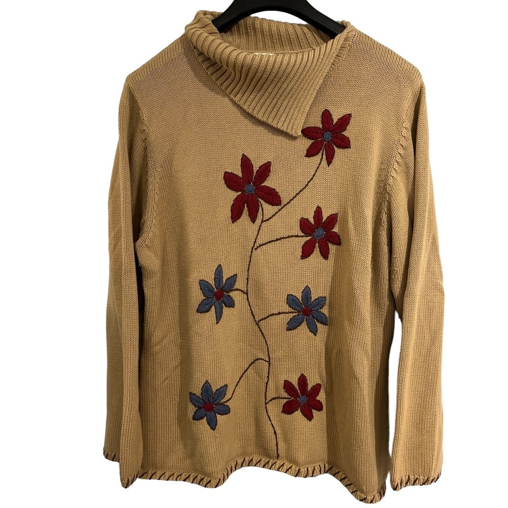 Embroidered Flower Knit Sweater Cowl Neck Long Sleeve Pullover Womens‎ 20